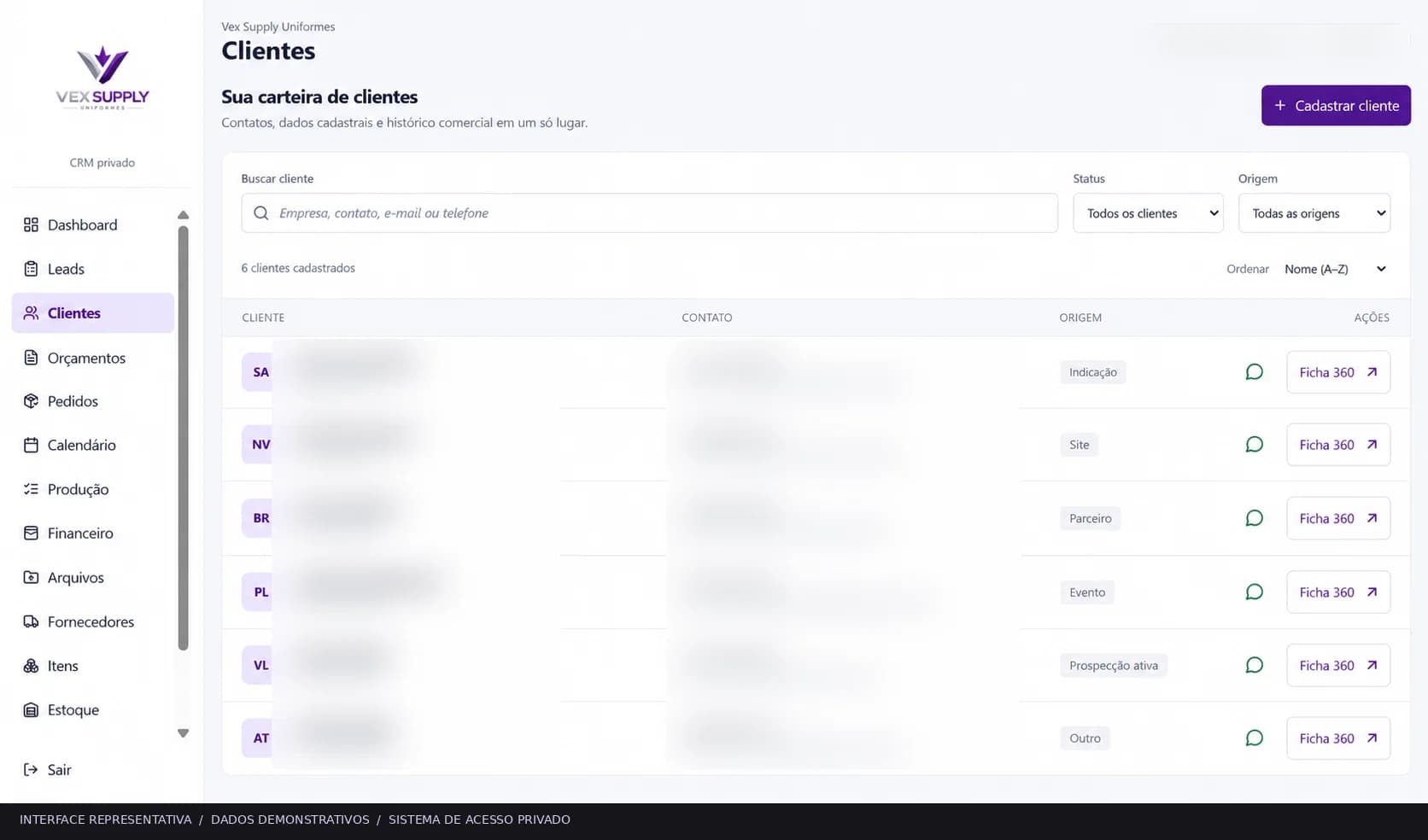 Vex Supply CRM clients screen