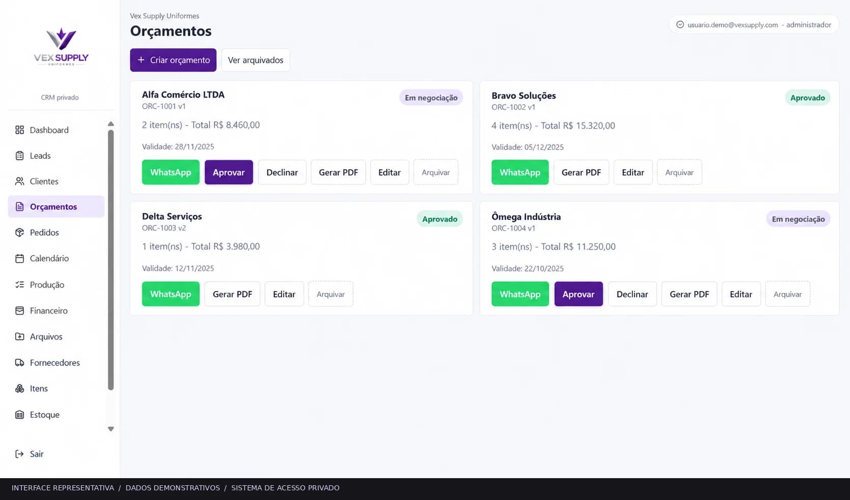 Vex Supply CRM quotes screen