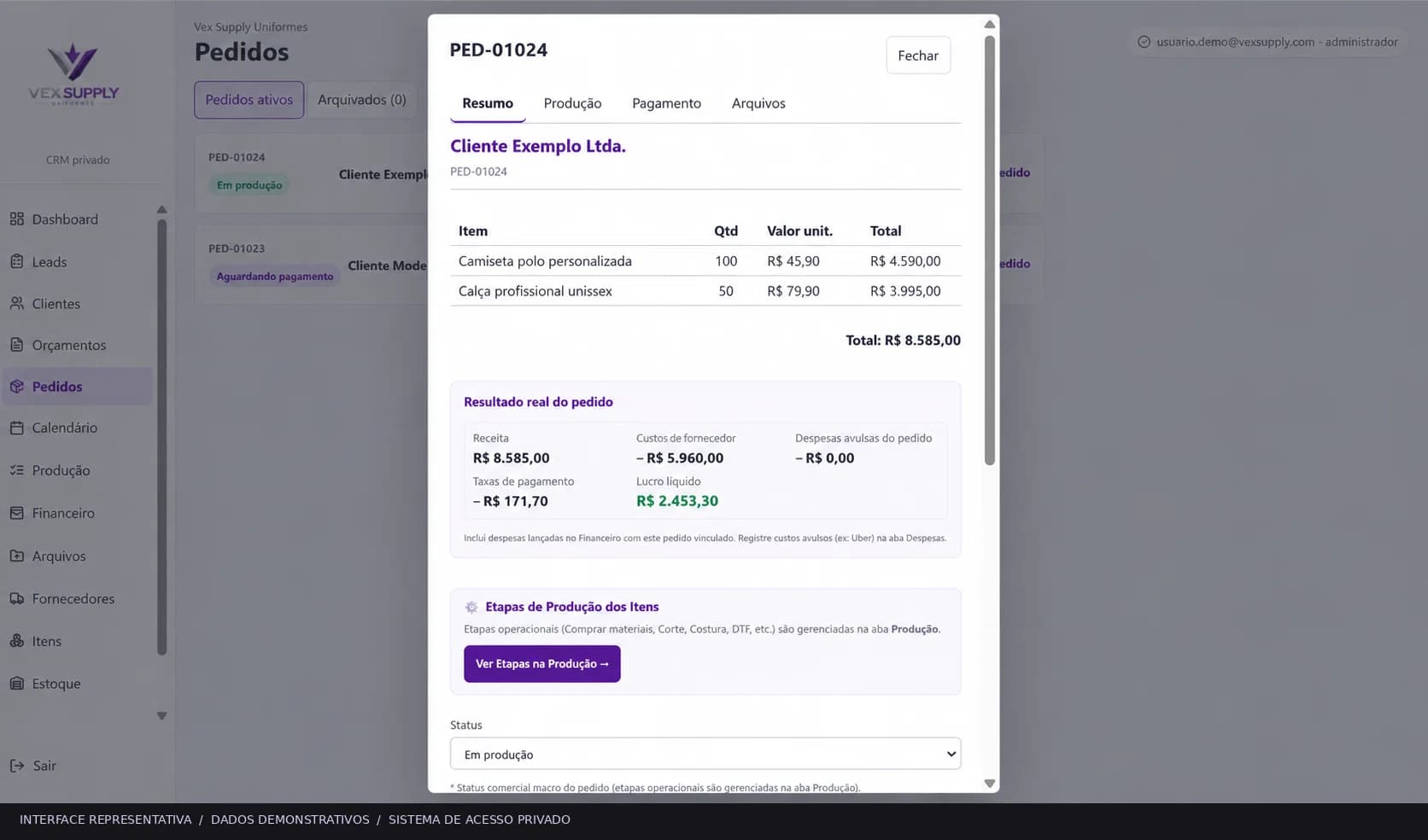 Order summary in the Vex Supply CRM